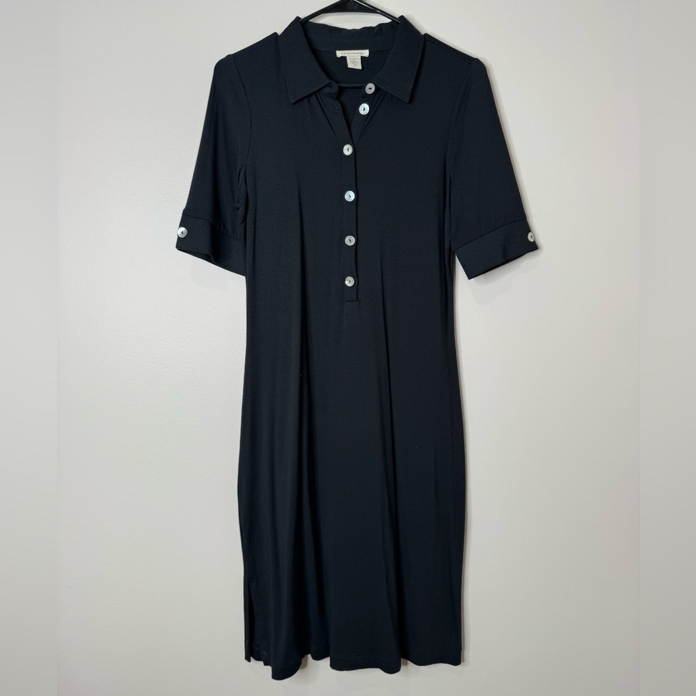 White + Warren Black Rayon Blend Collared Stretch Knee Length Button Polo‎ Dress